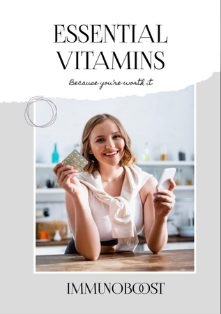 Tärkeimmät vitamiinit -tarjous naisen kanssa, joka pitää pilleripakkauksen Flyer A7 Design Template