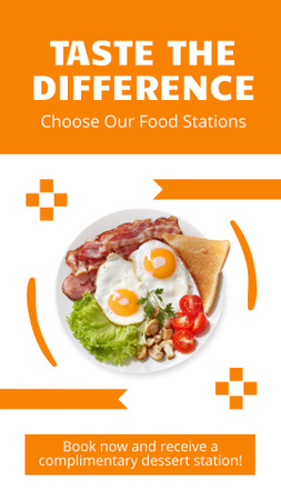 Plantilla de diseño de Anuncio de servicios de catering con apetitosos huevos revueltos y tocino Instagram Story 