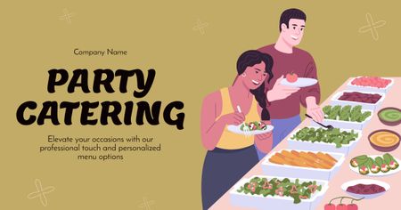 Party Catering Ad with People Taking Food at Buffet Facebook AD Design Template