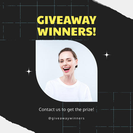Modèle de visuel Annonce du gagnant du concours avec une jeune femme joyeuse - Instagram