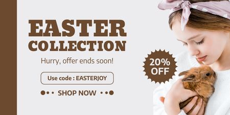 Plantilla de diseño de Promoción de colección de Pascua con niña sosteniendo conejito Twitter 