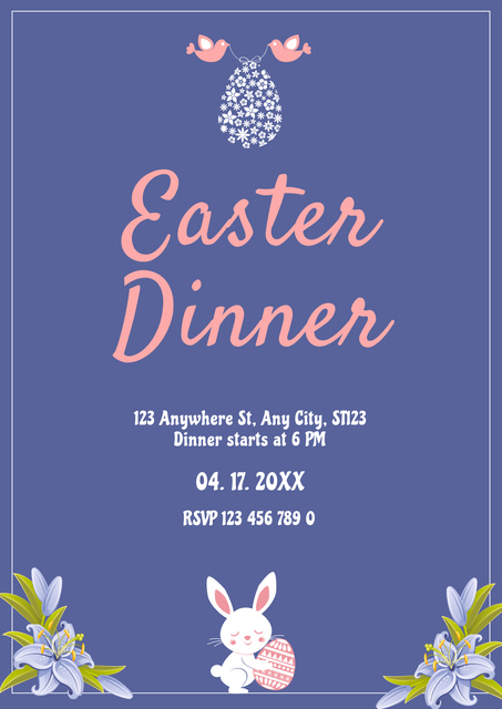 Easter Dinner Announcement with Bunny Holding Easter Egg Posterデザインテンプレート