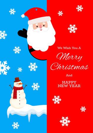 Template di design Christmas and New Year Wishes with Cute Santa and Snowman Postcard A5 Vertical