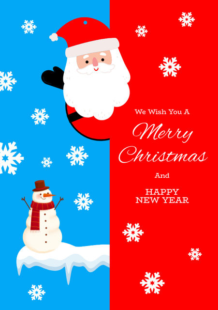 Plantilla de diseño de Christmas and New Year Wishes with Cute Santa and Snowman Postcard A5 Vertical 
