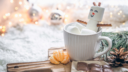 Ontwerpsjabloon van Zoom Background van Kersttraktaties met schattig Marshmallow-karakter