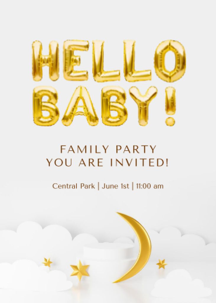 Birthday Family Party Announcement with Golden Moon Invitation Tasarım Şablonu