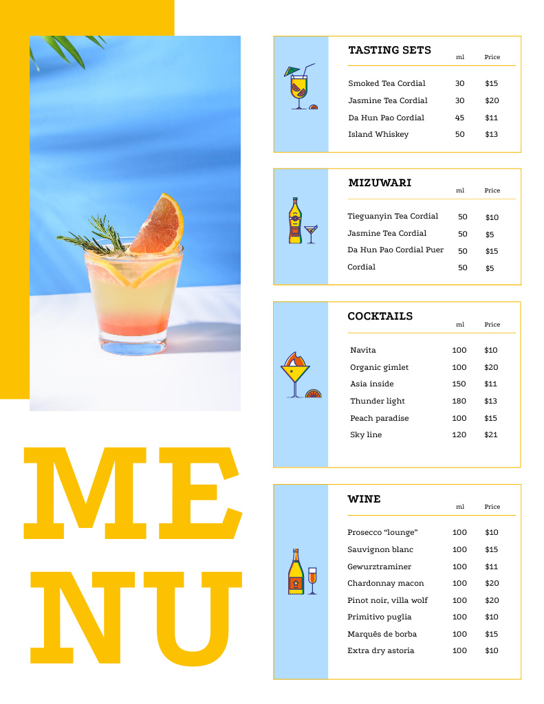 Bar Offer With Cocktails List Menu 8.5x11in Design Template