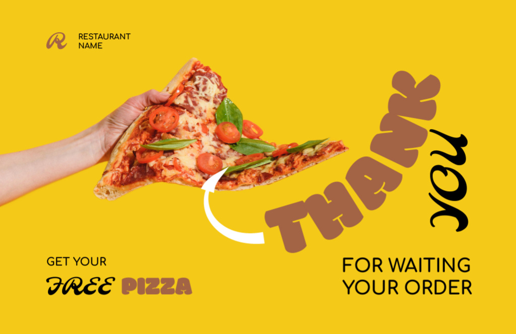 Platilla de diseño Thankful Phrase with Delicious Slice of Pizza Thank You Card 5.5x8.5in