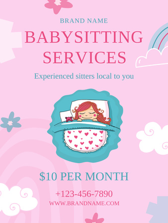 Babysitting Services with Cute Little Girl Sleeping Peacefully in Bed Poster US Design Template