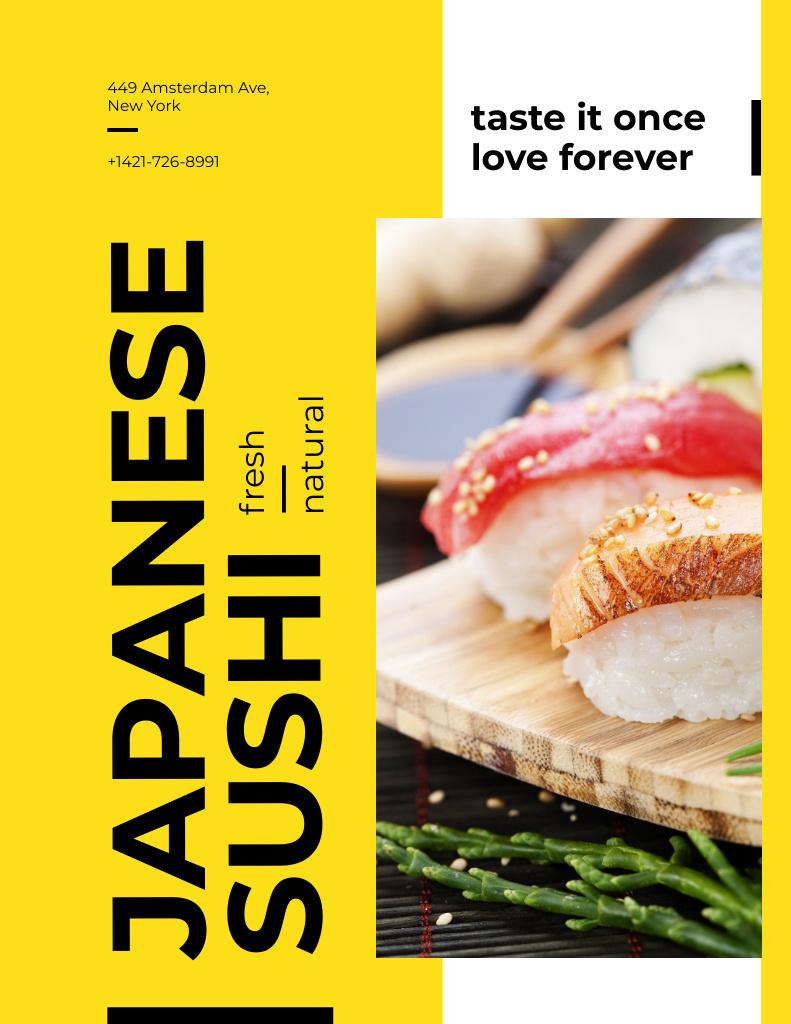 Plantilla de diseño de Japanese Restaurant Advertisement with Traditional Sushi Flyer 8.5x11in 