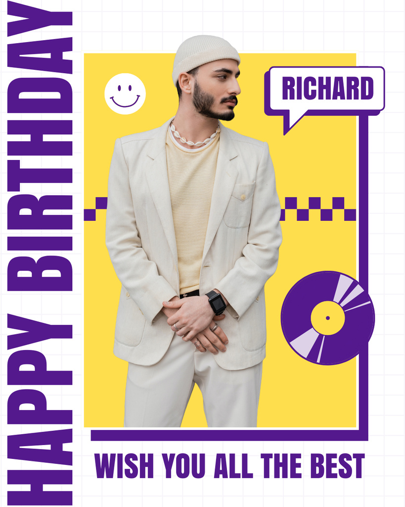 Birthday Greetings to a Man on Yellow and Purple Instagram Post Vertical Šablona návrhu