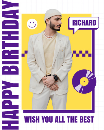 Birthday Greetings to a Man on Yellow and Purple Instagram Post Vertical Design Template