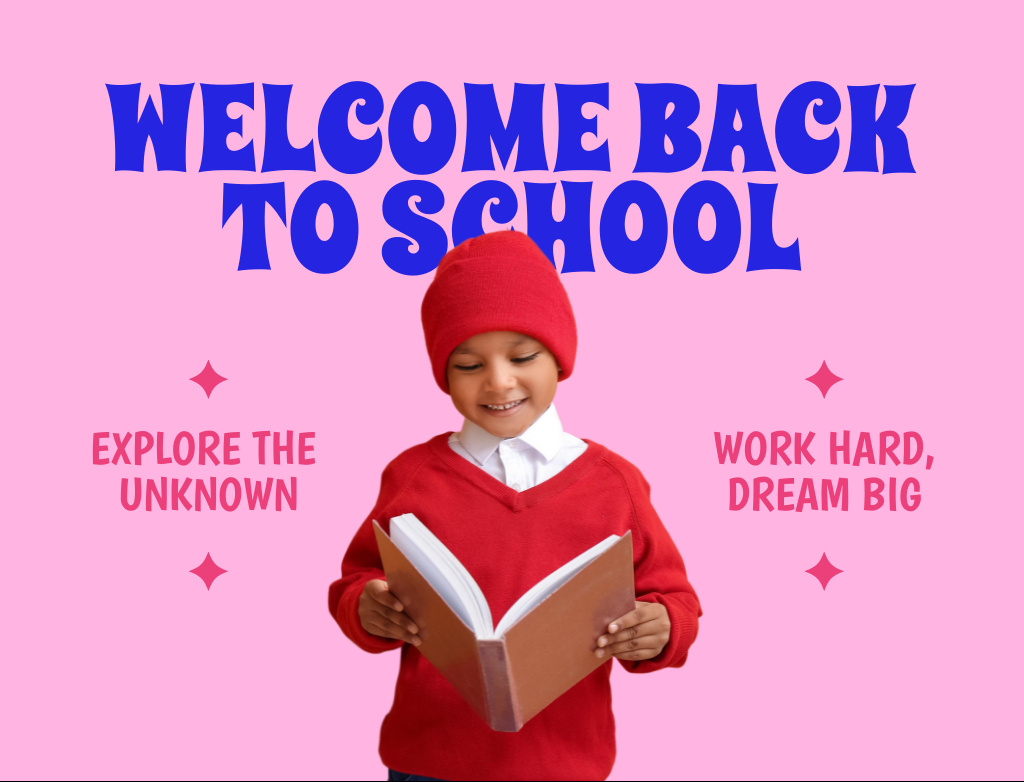 Designvorlage Boy is Reading on Back to School Pink für Postcard 4.2x5.5in