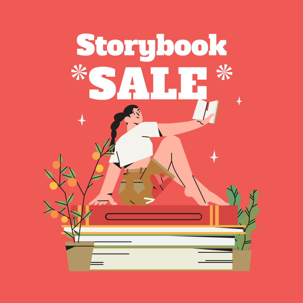 Books Sale Announcement with Illustration of Girl reading Instagram Design Template