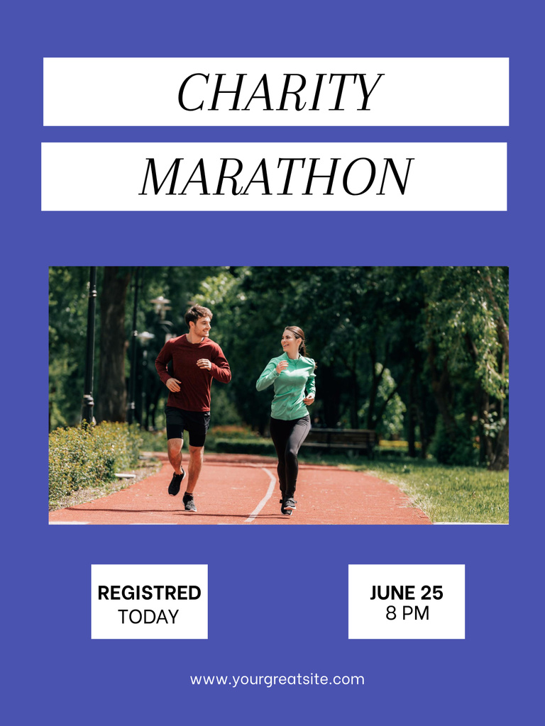 Plantilla de diseño de Charity Run Marathon Announcement with Young Woman and Man Poster 36x48in 