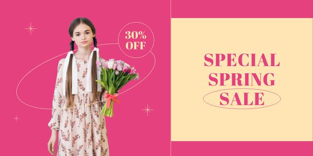 Ontwerpsjabloon van Twitter van Special Spring Sale Announcement with Woman with Bouquet