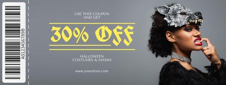 Halloween Costumes and Masks Offer with Stunning Woman Coupon Design Template