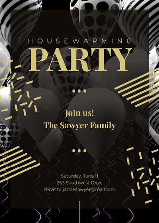 Balloons and Confetti for Party in Black Invitation Design Template