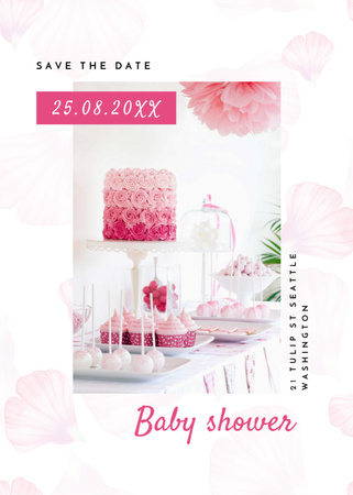 Ontwerpsjabloon van Invitation van Baby Shower Announcement with Pink Cake and Flowers