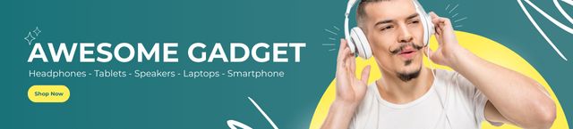 Designvorlage Gadget Purchase Proposal with Young Man in Headphones für Ebay Store Billboard