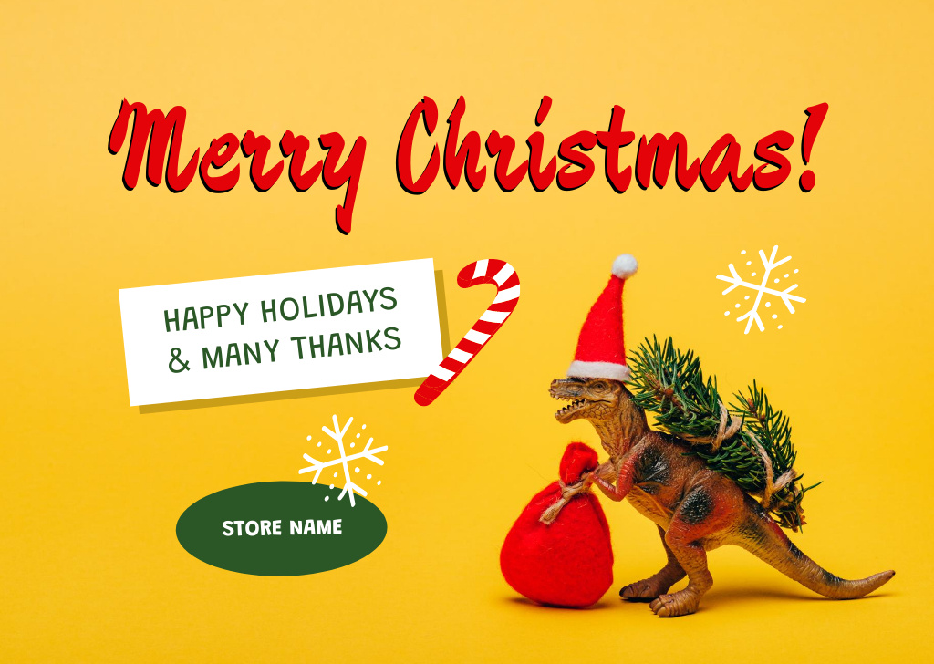 Christmas Greeting with Funny Dinosaur Postcard Design Template