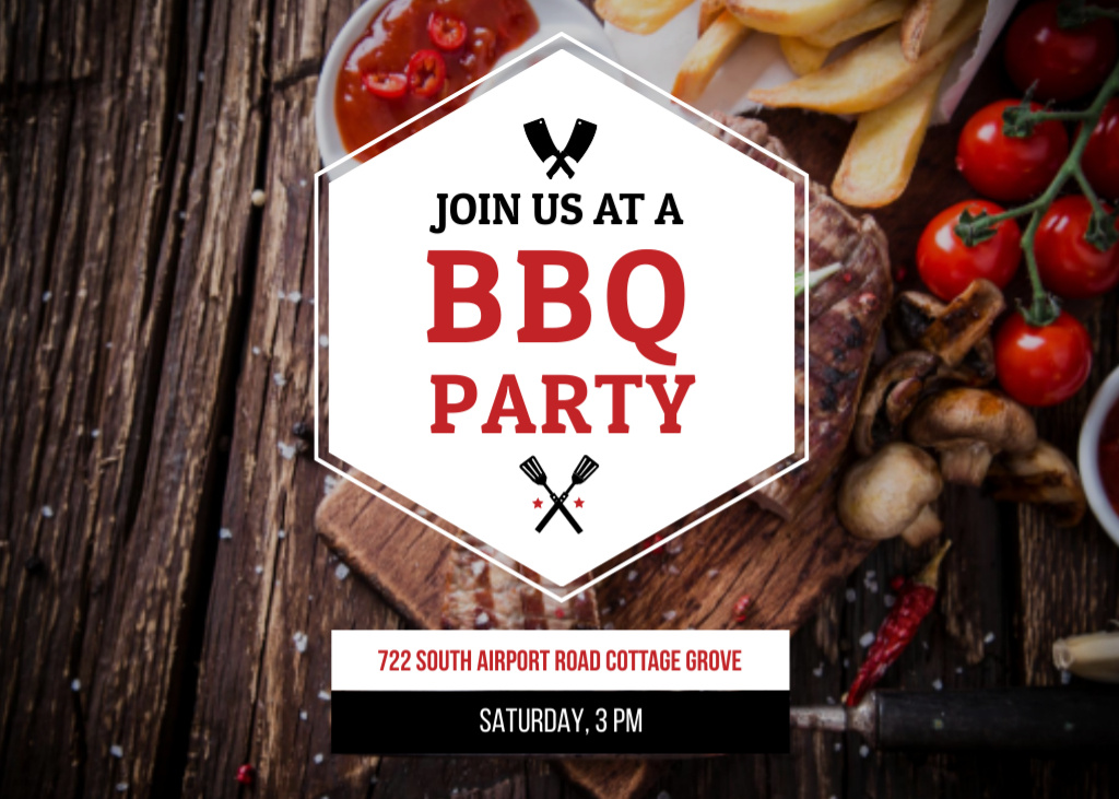 Platilla de diseño BBQ Party with Grilled Steak And Tomatoes On Saturday Postcard 5x7in