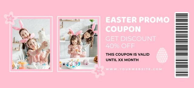 Easter Promo with Joyful Mother and Daughter in Bunny Ears Coupon 3.75x8.25in Design Template