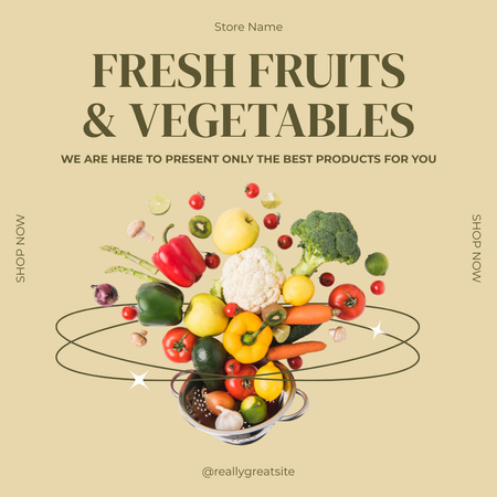 Bej Renkte Taze Ve Olgun Meyve Ve Sebzeler Instagram Tasarım Şablonu