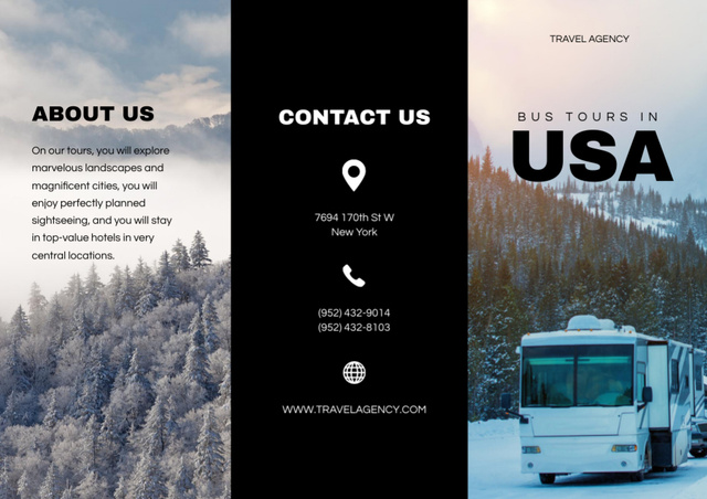 Bus Travel Tours to the USA With Picturesque Mountains Brochure Design Template