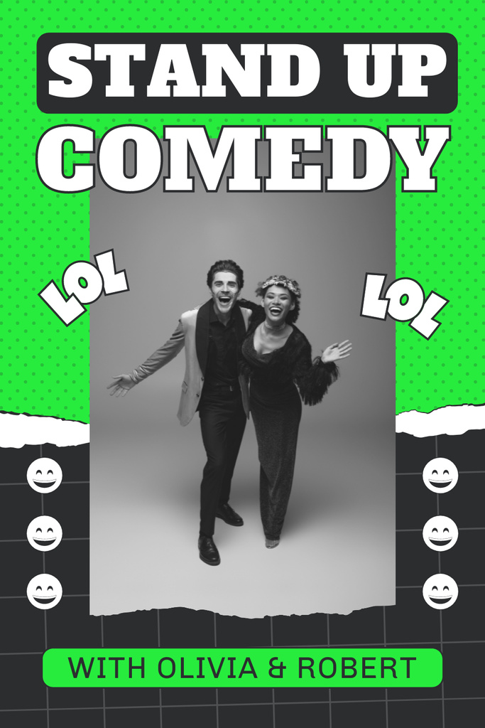Stand-up Comedy Show Promo with Smiling People Pinterest Design Template