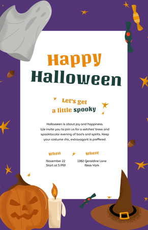 Modèle de visuel Célébration d'Halloween avec citrouille, chapeau de sorcière et fantôme - Invitation 5.5x8.5in