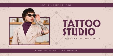 Plantilla de diseño de Servicio de estudio de tatuajes artísticos con descuento y reserva Twitter 