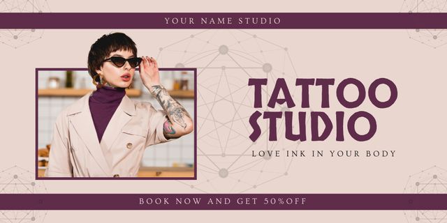 Designvorlage Artistic Tattoo Studio Service With Discount And Booking für Twitter