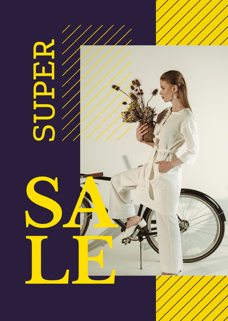 Fashion Super Sale Announcement with Stylish Woman on Classic Bicycle Flyer A6 Πρότυπο σχεδίασης
