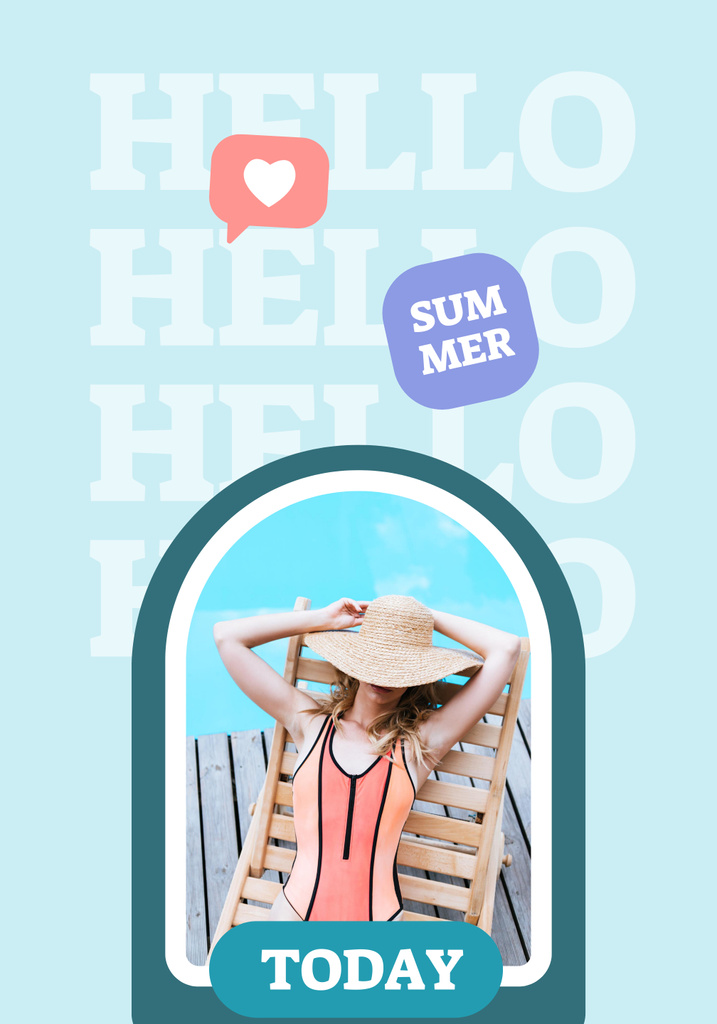 Ontwerpsjabloon van Poster 28x40in van Hello Summer Text with Woman Resting on Sun Lounger