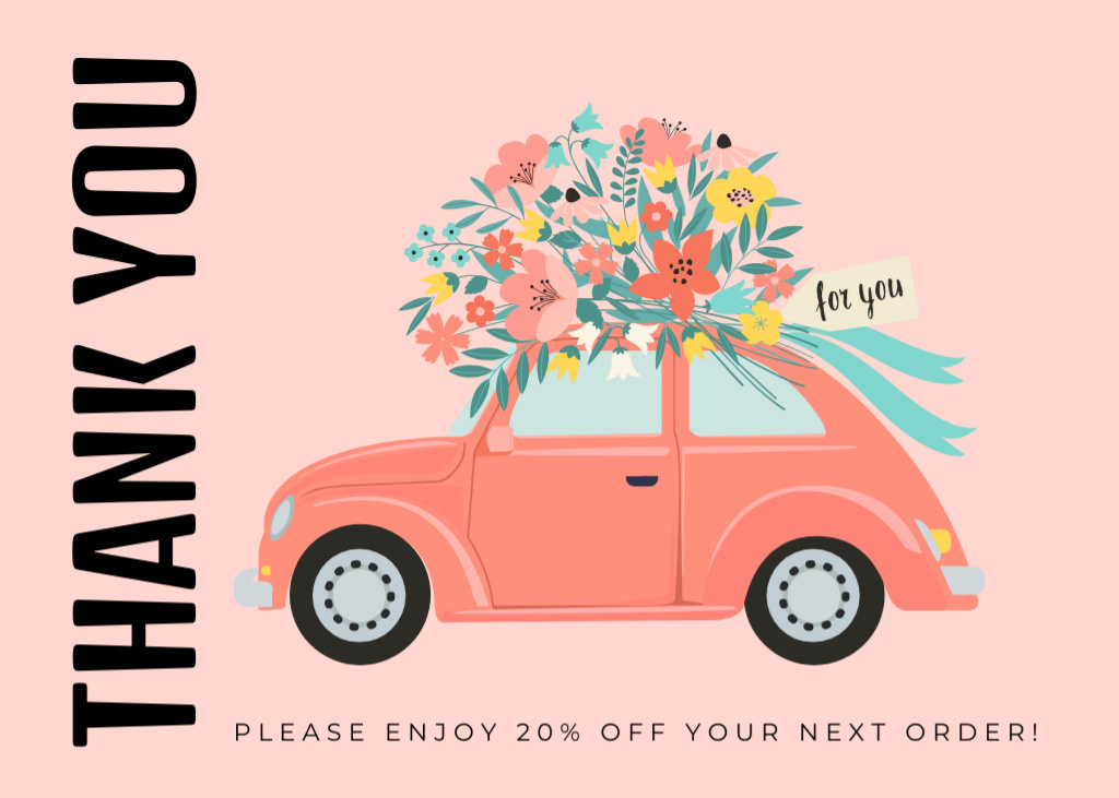 Szablon projektu Thank You Message with Cute Red Car with Flowers Bouquet Postcard 5x7in