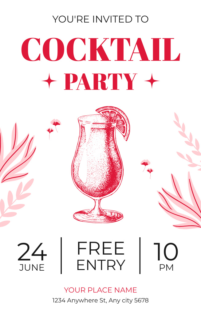 Cocktail Party Ad with Sketch Image of Beverage Invitation 4.6x7.2in Tasarım Şablonu