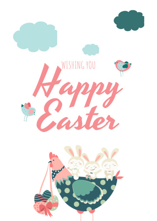 Modèle de visuel Beaux souhaits de Pâques avec du poulet et des lapins - Postcard 5x7in Vertical