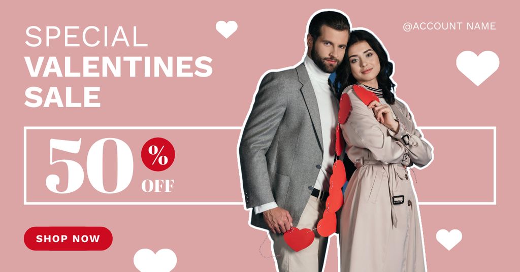 Ontwerpsjabloon van Facebook AD van Valentine's Day Sale with Elegant Couple and Hearts