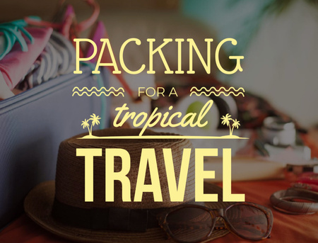 Szablon projektu Pakowanie na tropikalną podróż z kapeluszem i okularami Postcard 4.2x5.5in