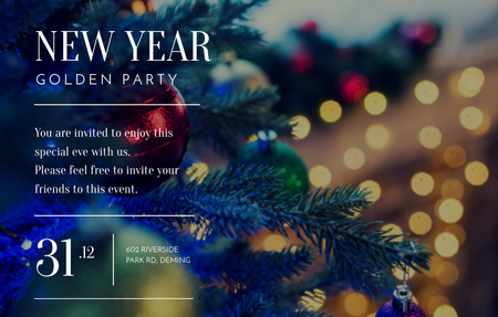 New Year Party Ad With Bokeh And Tree Invitation 4.6x7.2in Horizontal Design Template
