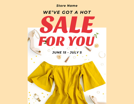 Ontwerpsjabloon van Flyer 8.5x11in Horizontal van Clothes Sale with Stylish Yellow Female Dress and Shoes