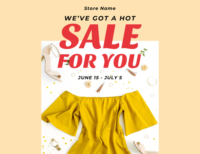 Modèle de visuel Clothes Sale with Stylish Yellow Female Dress and Shoes - Flyer 8.5x11in Horizontal