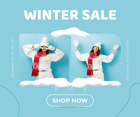 Winter Sale Collage with Attractive Brunette Facebook Design Template