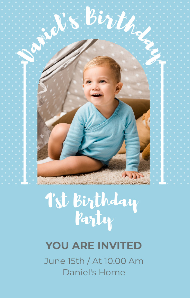 Kid's Birthday Celebration on Blue with Cute Little Boy Invitation 4.6x7.2in Design Template