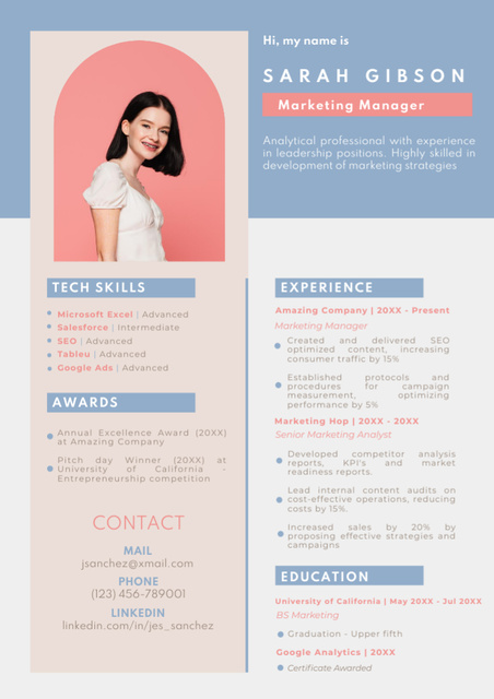 Marketing Manager Experiences and Skills Resumeデザインテンプレート