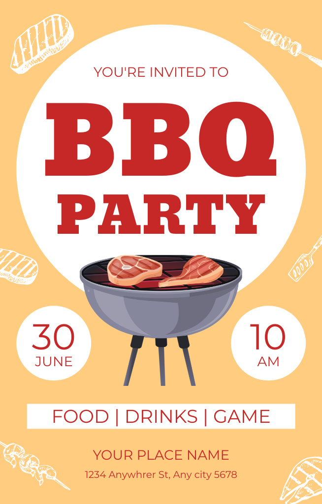 BBQ Party Ad on Yellow Invitation 4.6x7.2in Design Template