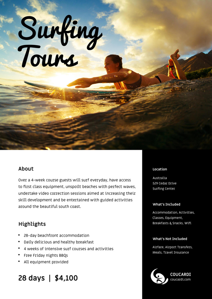 Surfing Tours Offer with Girl on surfboard Poster Πρότυπο σχεδίασης