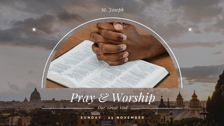 Anúncio de adoração com as mãos na Bíblia e vista da cidade Title 1680x945px Modelo de Design