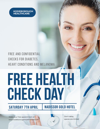 Free Health Check Offer with Friendly Doctor Flyer 8.5x11in Šablona návrhu
